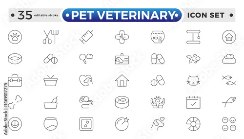 Set of line icons related to pet, care, veterinary, vet, and healthcare. Set of outline veterinarian icons. Animals veterinary icons. Pet and Vet Line Icon Set. Editable stroke outline icon. 