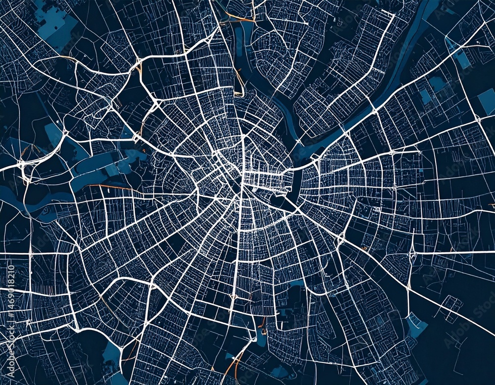 Obraz premium Beautiful overhead view of map in night setting with streets full of light and everything in dark shadows, illustrative animation of a city map