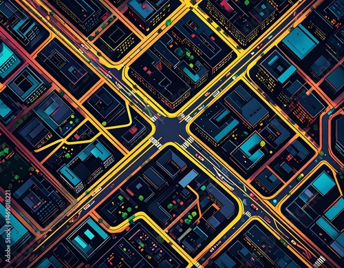 Beautiful overhead view of map in night setting with streets full of light and everything in dark shadows, illustrative animation of a city map