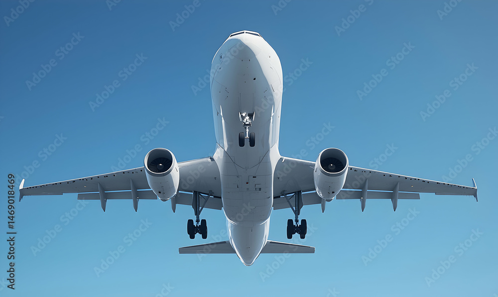 Naklejka premium White passenger airplane taking off against clear blue sky, front view