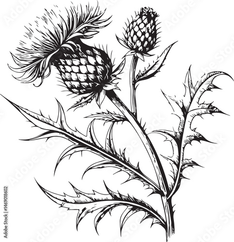 Milk thistle, Healing Plant, Natural Remedy, Naturopathy, Black and White Vector Illustration, Sketch Drawing Line Linear Symbol Icon Engraving, Hand-drawn Isolated