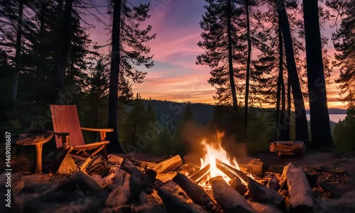 Serene Sunset Campfire Scene in a Forest