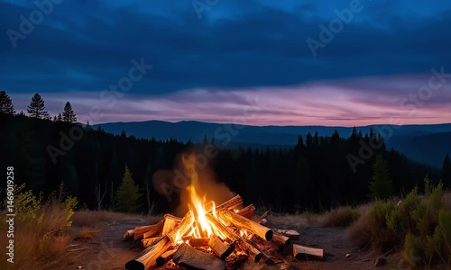 Campfire crackling under a twilight sky in a forest clearing