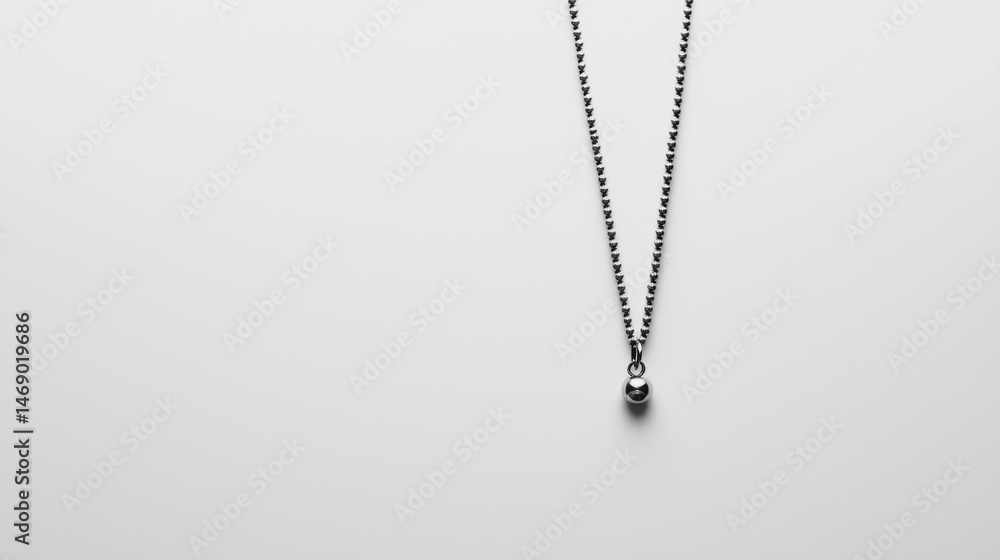 A silver necklace with a small ball pendant. A silver necklace with a small ball pendant.