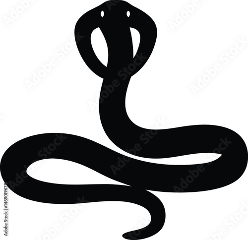 Black silhouette of a snake with open hood, illustration of a venomous reptile.