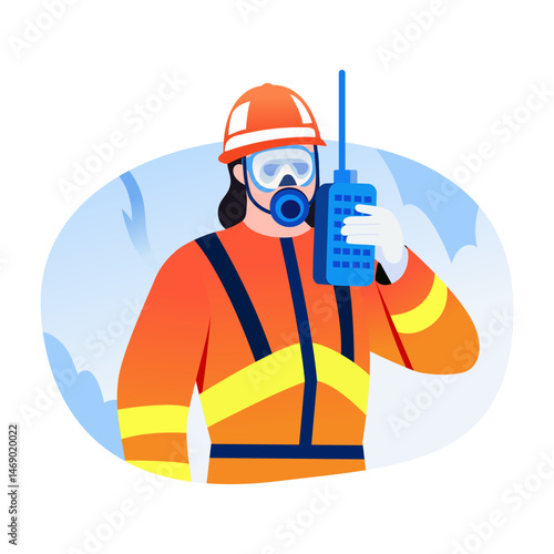 A flat style illustration showing a fireman doing emergency calling 