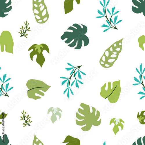 seamless background with varities of leaves, tropical rainforest theme concepts illustration