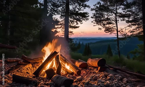 Cozy Campfire at Dusk with Scenic Forest and Sunset View