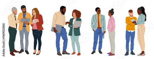 Different business team members standing, talking, communicating with laptop, taking part in business activities, meeting, brainstorming, coffee break. Multiracial people vector illustrations isolated