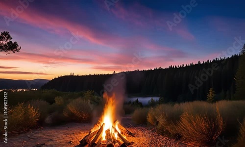 Campfire crackling under a vibrant sunset sky near a forest and lake