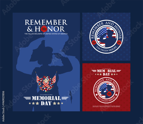 Set of Memorial Day 2025 greeting card, poster and flyer. with saluting soldier and poppy flower illustration. Remember and honor concept design. 