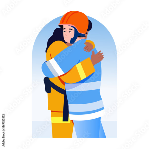 A flat style illustration showing fireman giving hug