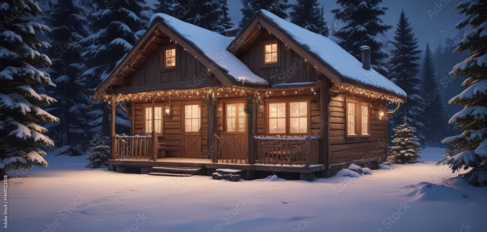 A rustic wooden cabin nestled amongst snow-laden evergreens, twinkling fairy lights , glow, serene, night A rustic wooden cabin nestled amongst snow-laden evergreens, twinkling fairy lights , glow, serene, night