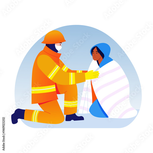 A flat style illustration showing a fireman giving blanket wrap 