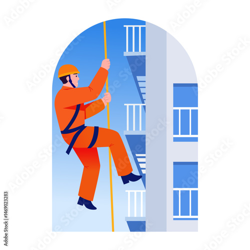 A flat style illustration of showing a fireman helping with rope rescue 