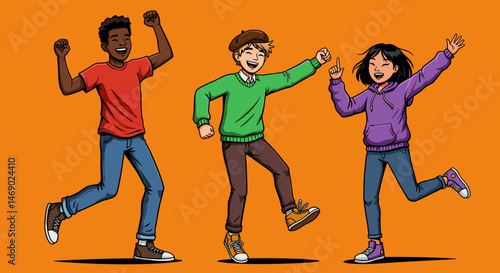 Energetic multicultural group of teenagers joyfully dancing together against orange background