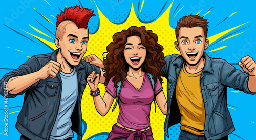 Energetic trio of teenagers celebrating with excitement, vibrant colors background
