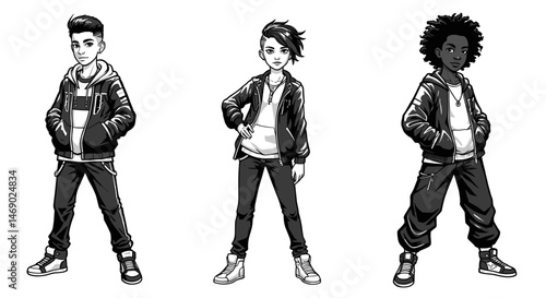 Black and white illustration of three stylish teenagers in casual outfits