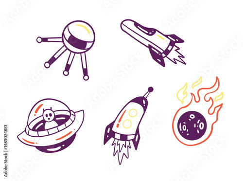 Cute Space Galaxy and Spaceships Vector Set	Astro line art