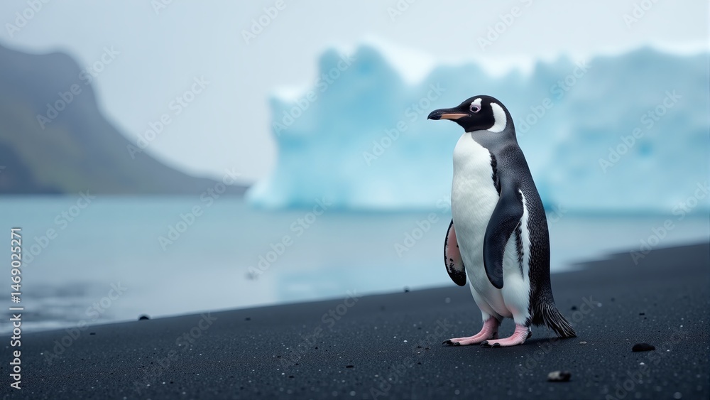 Fototapeta premium Antarctic Penguin On Black Sand Beach