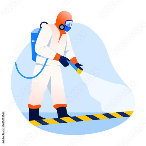 A flat style illustration showing a fireman spraying