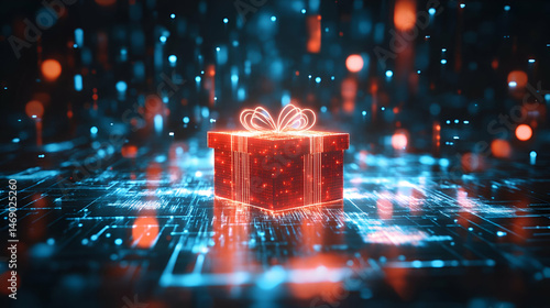 Glowing Red Digital Gift Box on Circuit Board