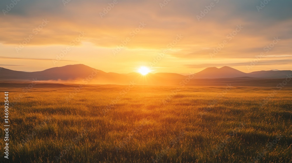 Obraz premium Golden sunset over a vast grassy plain with mountains in the background.