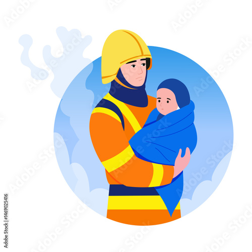 A flat style illustration showing fireman carrying child