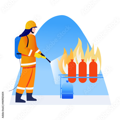 A flat style illustration showing a fireman spraying