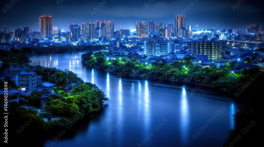 Naklejka premium Night cityscape reflected in a winding river.