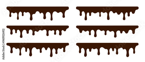 Set of hand drawn long drip of dark chocolate, glaze, milk, ice cream, gelato, syrup. Outline, silhouette of dripping drop from cake, dessert, isolated on white background in flat style. Vector EPS10