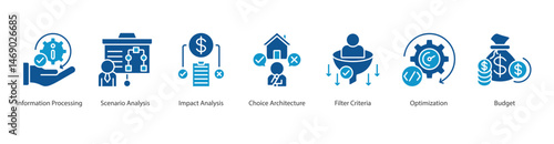 Strategic Decision web banner icon sheet vector information processing, scenario analysis, impact analysis, choice architecture, filter criteria, optimization, budget