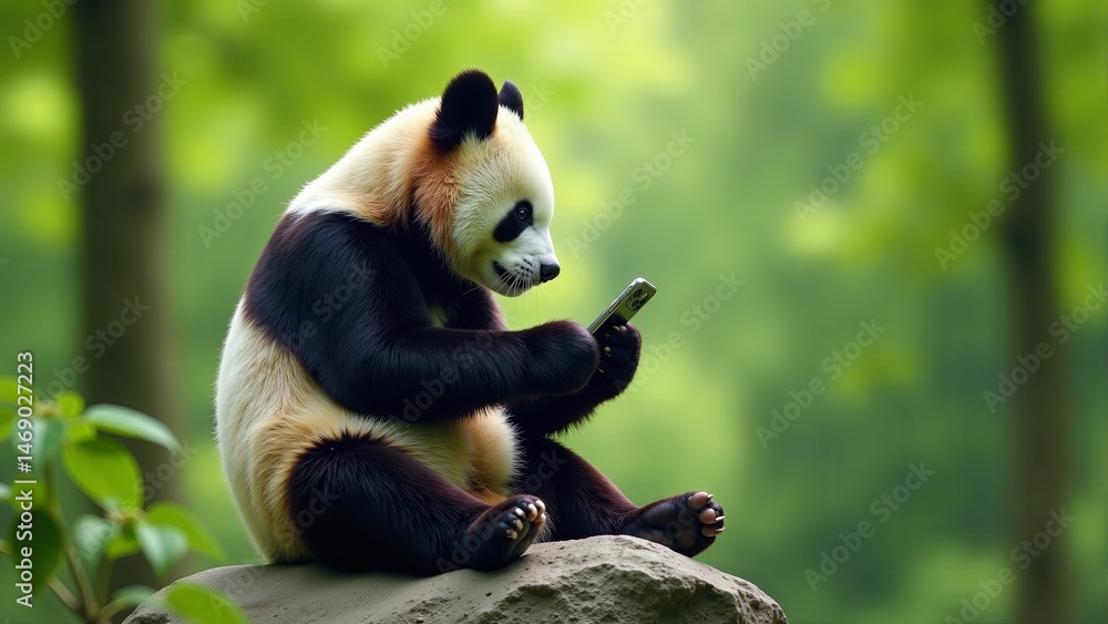 Obraz premium Panda Using Smartphone On Rock- AI
