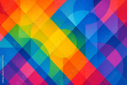 Layered abstract shapes in pride flag colors, overlapping translucent geometric patterns, subtle glitter and holographic shine