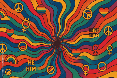 Retro psychedelic rainbow wave background, inspired by 70s posters, swirling saturated lines in bold colors