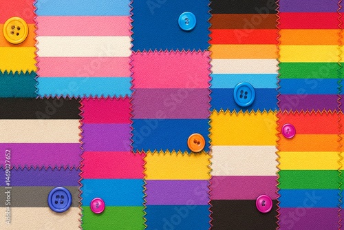 Colorful maximalist patchwork background, fabric textures in various pride flag patterns 