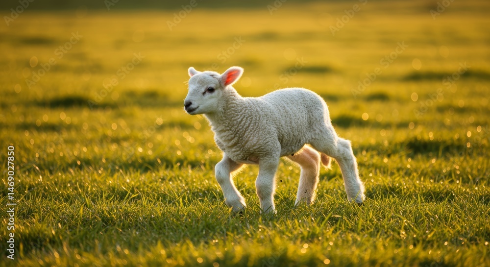 Fototapeta premium Delightful lamb frolics in the sunlit meadow, radiating youthful energy