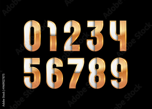 Golden glossy numbers, 3D gold shiny numerals set 0, 1, 2, 3, 4, 5, 6, 7, 8, 9, made in steel style, vector illustration 10EPS