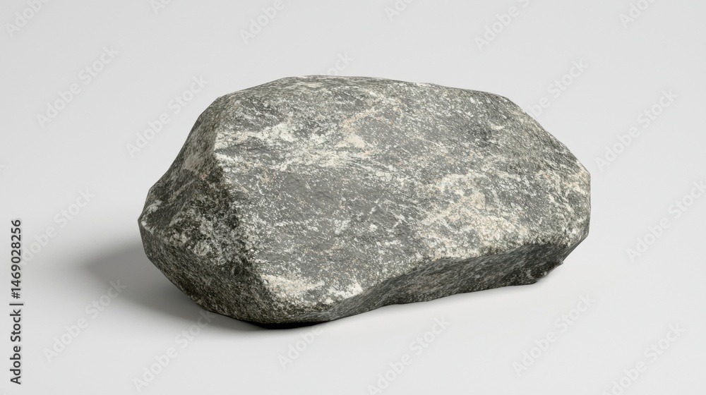 A gray rock with a rough texture and jagged edges sits on a white background. A gray rock with a rough texture and jagged edges sits on a white background.