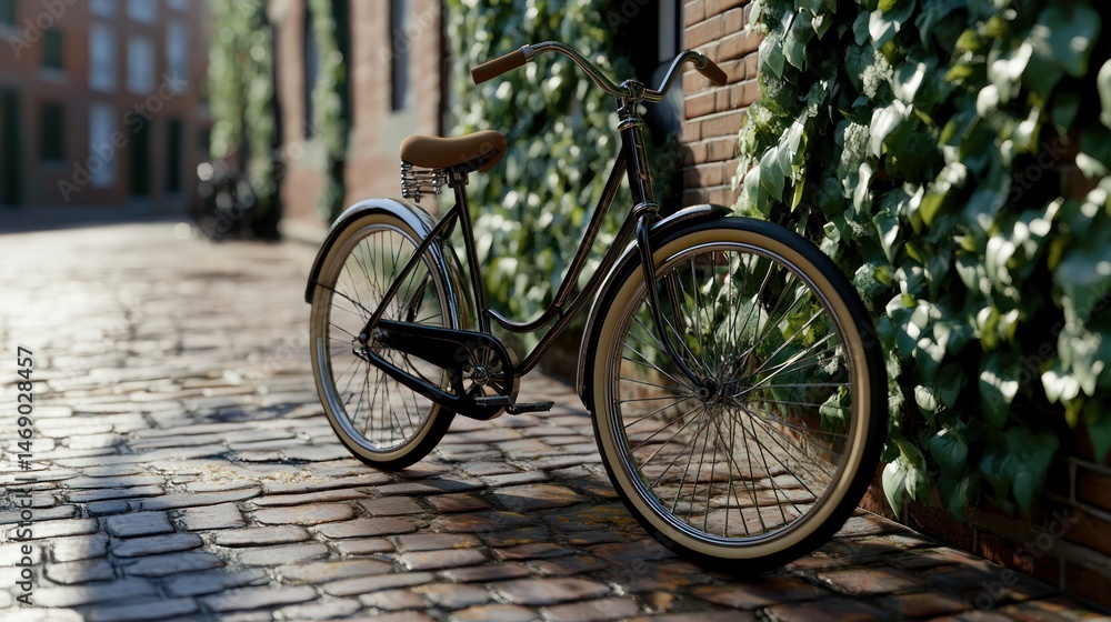 Fototapeta premium Vintage bicycle on cobblestone street, sunny day, urban scene, background with ivy, stock photo