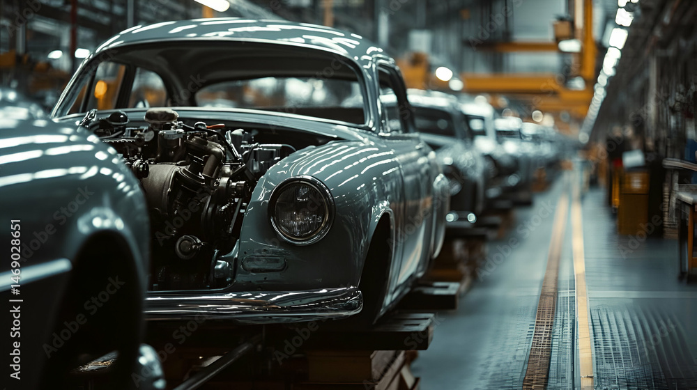 Fototapeta premium Grey Classic Cars on Assembly Line in Factory