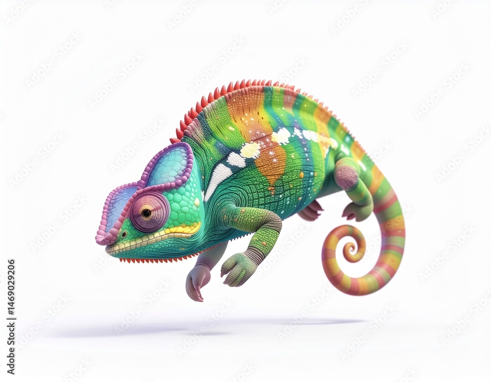 Obraz premium A cute 3D cartoon multicolored chameleon white background
