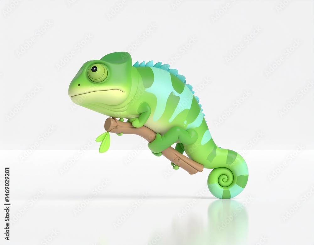 Fototapeta premium 3D cartoon green chameleon while sitting on a tree branch, with big eyes white background
