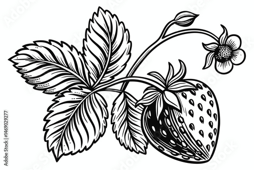 186 detailed black and white illustration, highly detailed organic strawberry, highly detailed organic strawberry leaves, highly detailed organic strawberry pattern, detailed black and white graphical