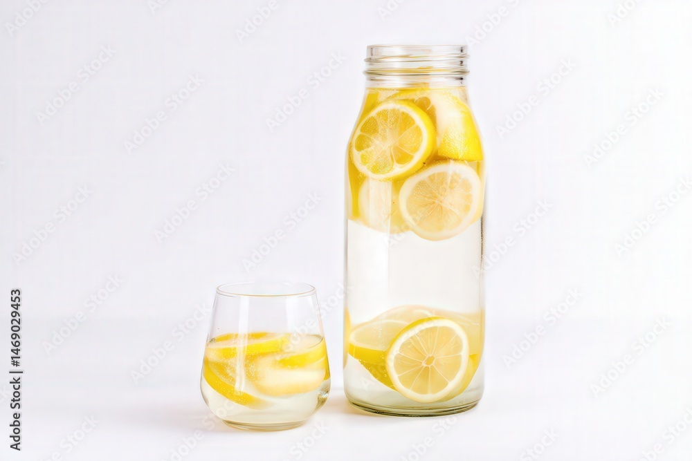 Glass pitcher and glass filled with lemon water and fresh citrus slices
Glass pitcher and glass filled with lemon water and fresh citrus slices
