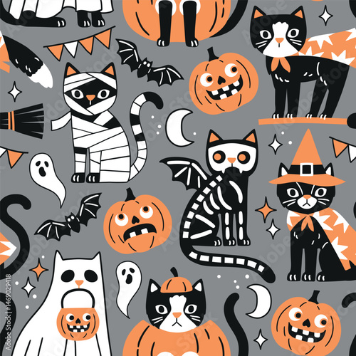 Seamless vector pattern with spooky Halloween black cats. Hand drawn creepy Halloween pumpkin and cat illustration. Perfect for wallpaper or fabric print design. EPS 10 vector file.