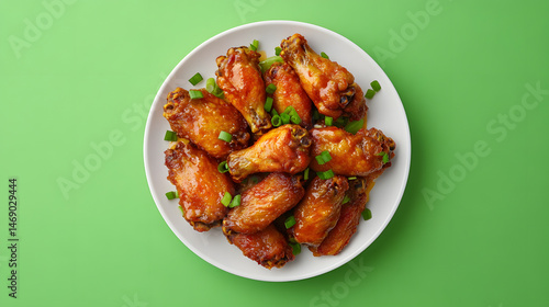 High-angle, close-up image of a white plate filled with many seasoned and glazed chicken wings, arranged attractively.  Fresh green onions garnish the top.