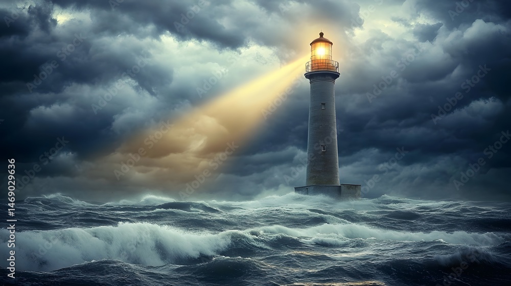 Fototapeta premium Lighthouse beacon in stormy sea