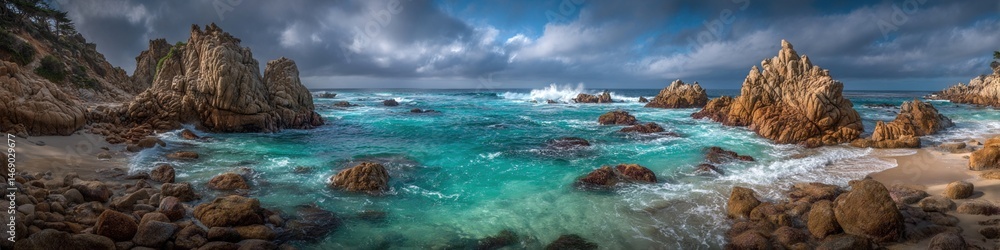 Fototapeta premium Dramatic coastal scene with dramatic waves crashing against rocks, sandy beach, and dramatic sky