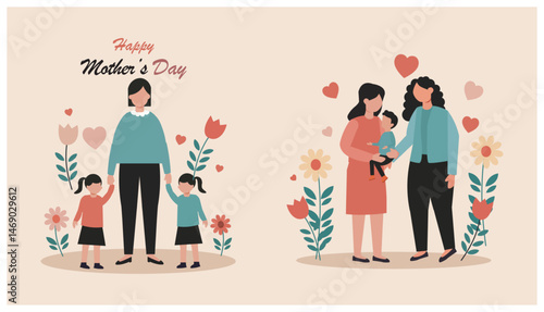 Happy Mother's Day Vector Illustration Set - Diverse Mothers & Children Graphics